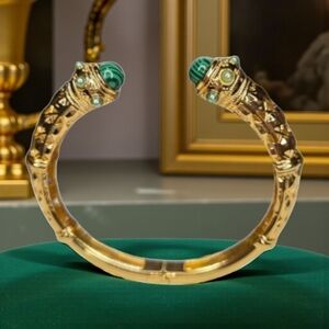 18k Gold Plated Byzantine Malachite Cabochon Filigree Hinged Bracelet